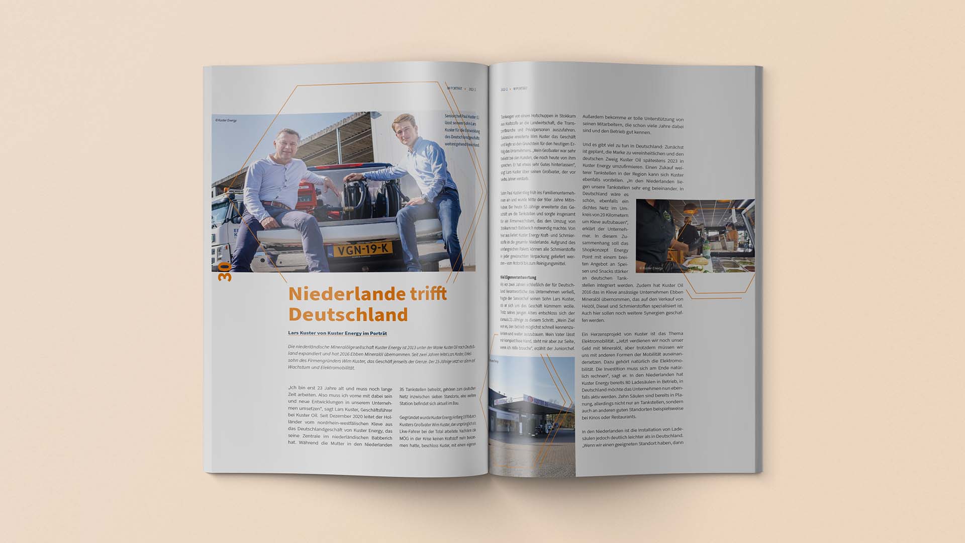 Doppelseite Artikel Niederlande trifft Deutschland Magazingestaltung für Mitgliedermagazin für den Bundesverband freier Tankstellen e. V. (bft)