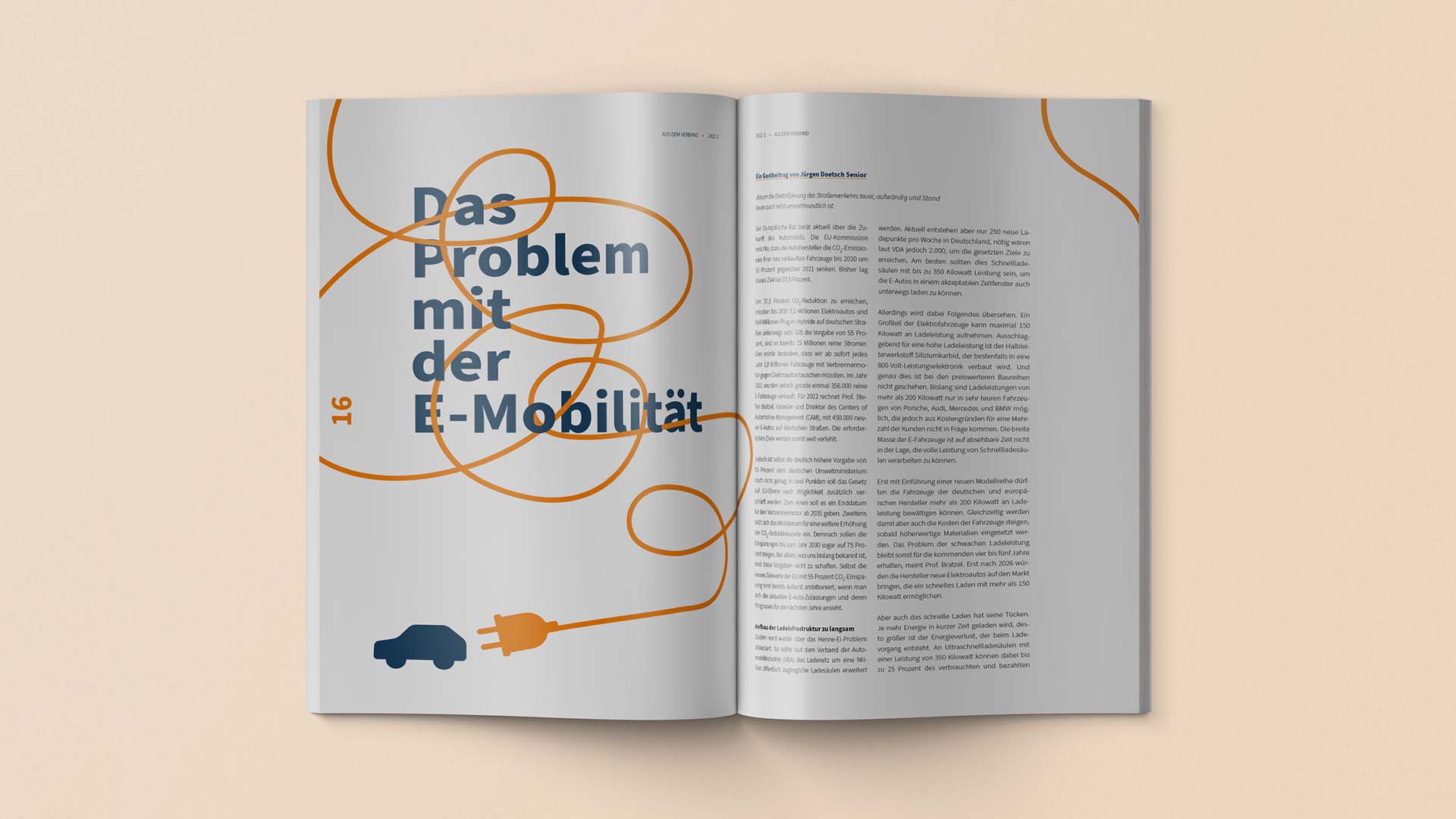 Doppelseite Artikel E-Mobilität Magazingestaltung für Mitgliedermagazin für den Bundesverband freier Tankstellen e. V. (bft)
